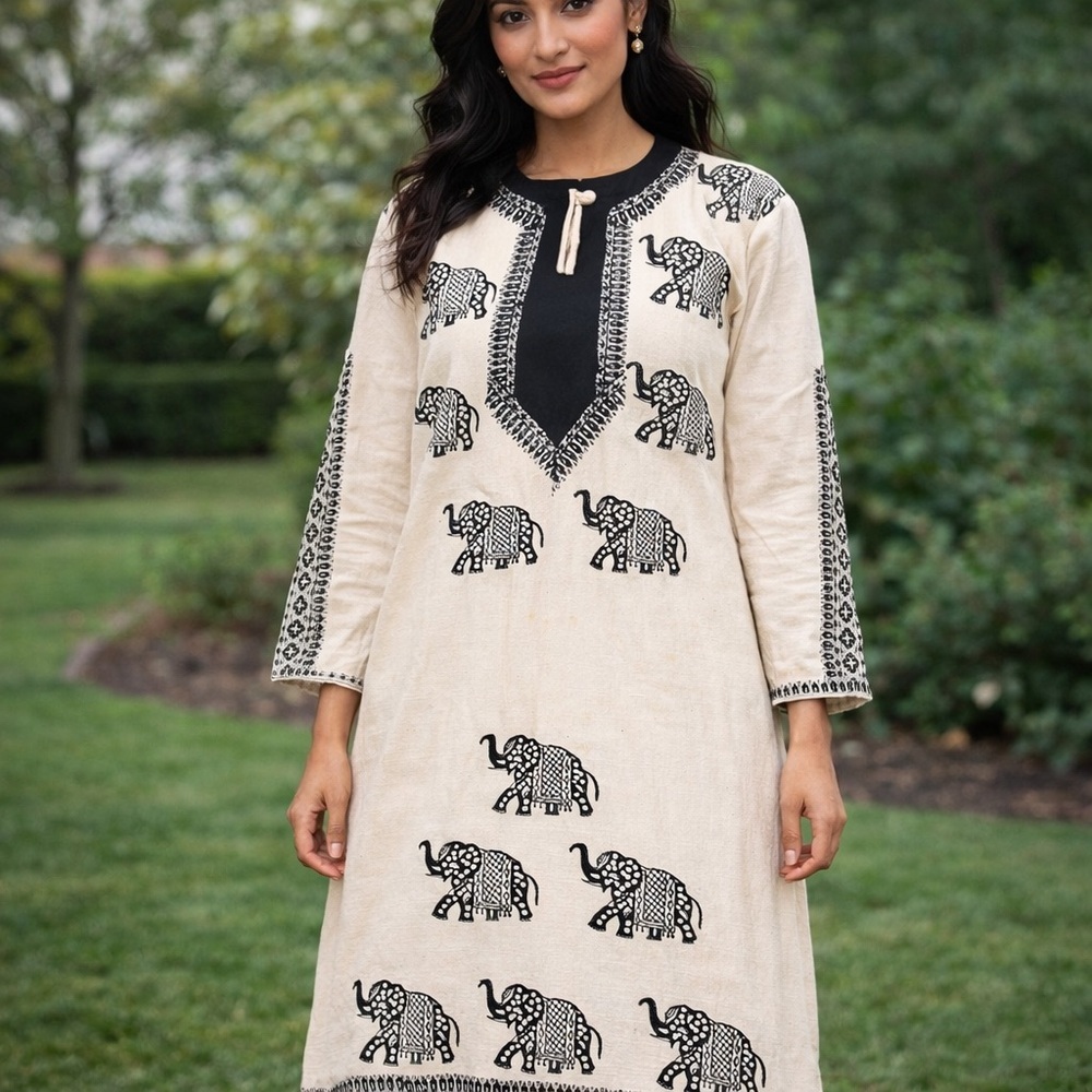 Vintage India Cotton Elephant Print Cream Tunic Kaftan